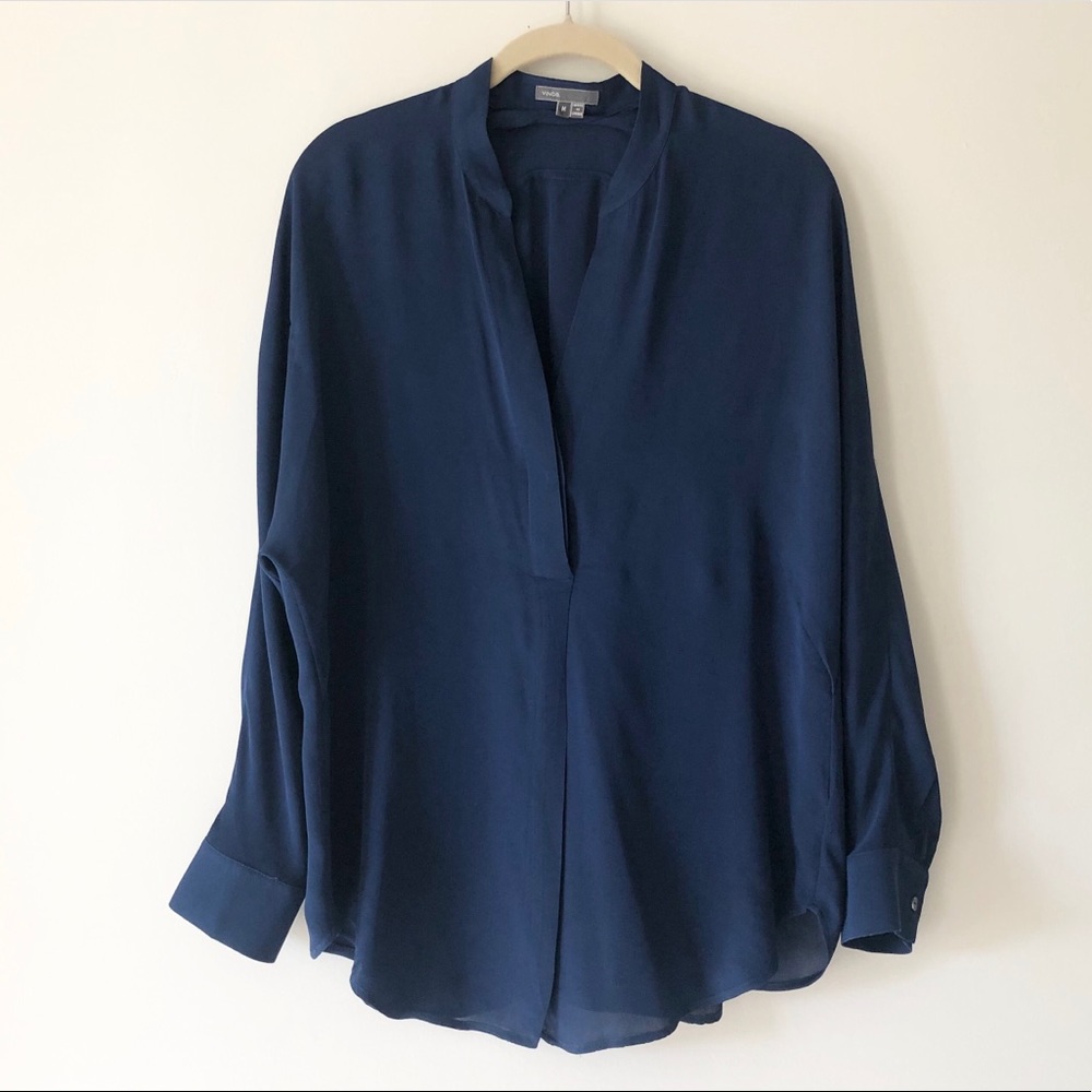 Vince Pop-Over Navy Silk Dolman Sleeve Tunic M - Picture 7 of 8